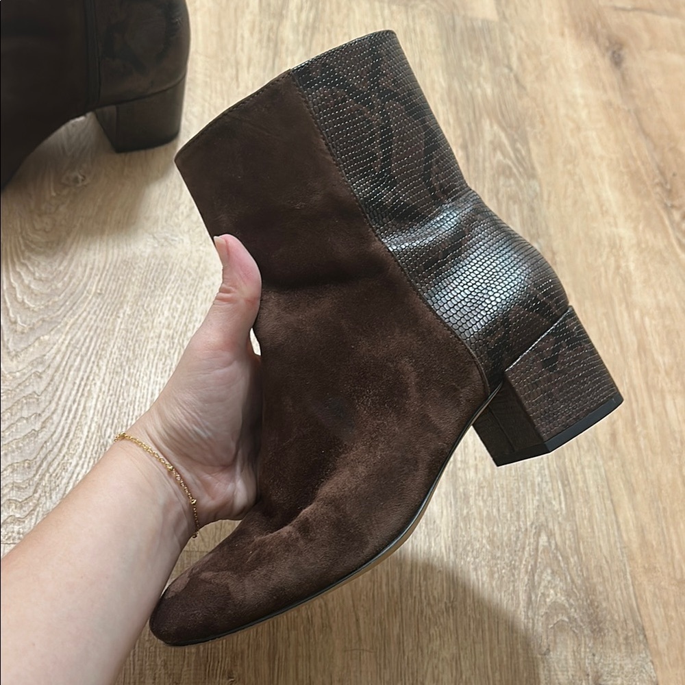 DONALD PLINER | Suede Leather Cindee Split Dark Brown Snake Print Boots, 7 - Picture 1 of 7